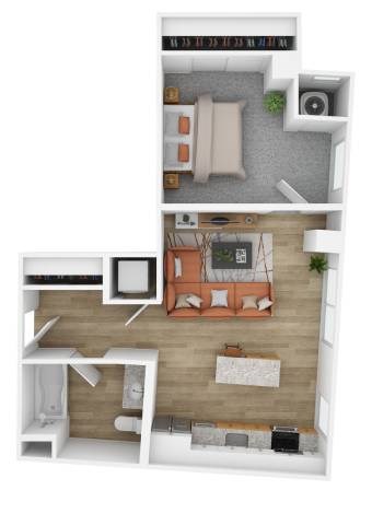 Floor plan for 1 bed, 1 bath, 658 sqft